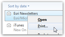 Right-click on to print an email message from Windows Live Mail